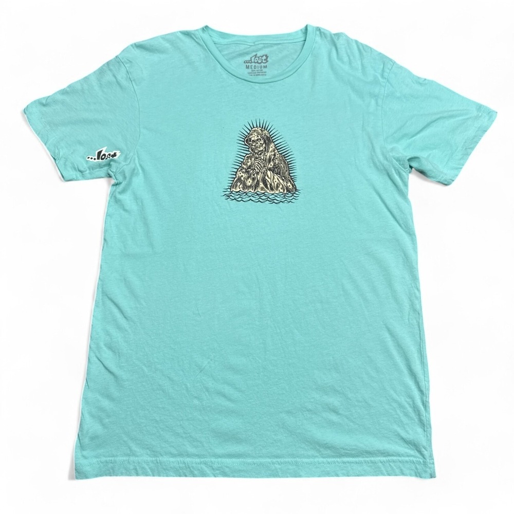 LOST Skateboards Tee Shirt Adult Size Medium Light Blue Skull Logo VTG Style